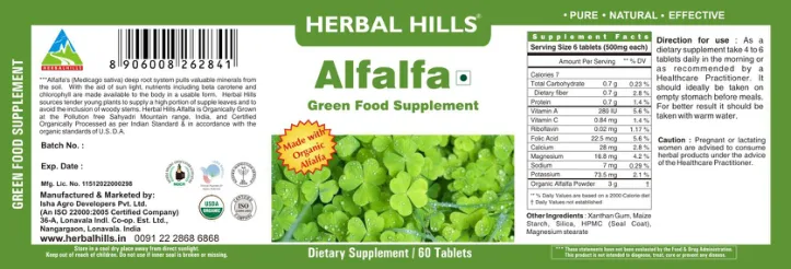 Label for Alfalfa Green Food Supplement