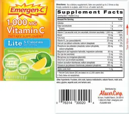 Label for 1,000 MG Vitamin C Lite Citrus Flavored