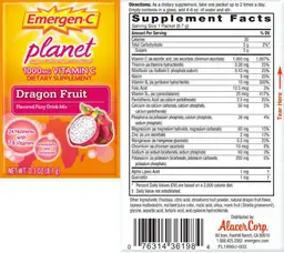 Label for Planet 1000 mg Vitamin C Dragon Fruit