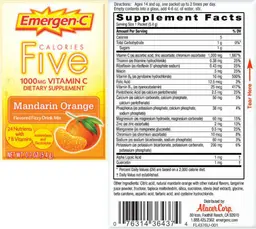 Label for Five Calories 1000 mg Vitamin C Mandarin Orange