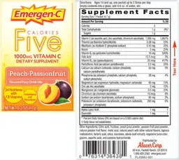 Label for Five Calories 1000 mg Vitamin C Peach-Passion Fruit