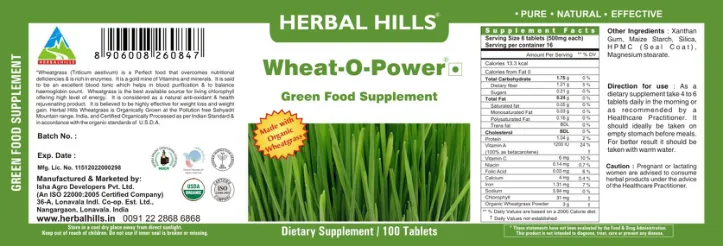 Label for Wheat-O-Power Green Food Supplement