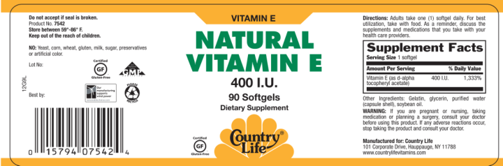 Label for Natural VItamin E 400 IU