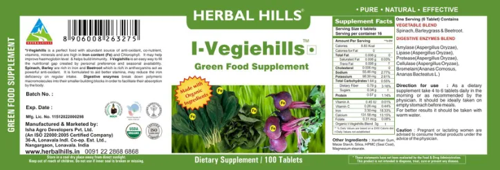 Label for I-Vegiehills Green Food Supplement