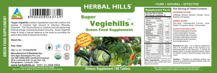 Label for Super Vegiehills Green Food Supplement