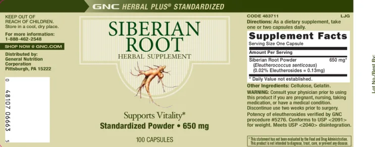 Label for Siberian Root Herbal Supplement