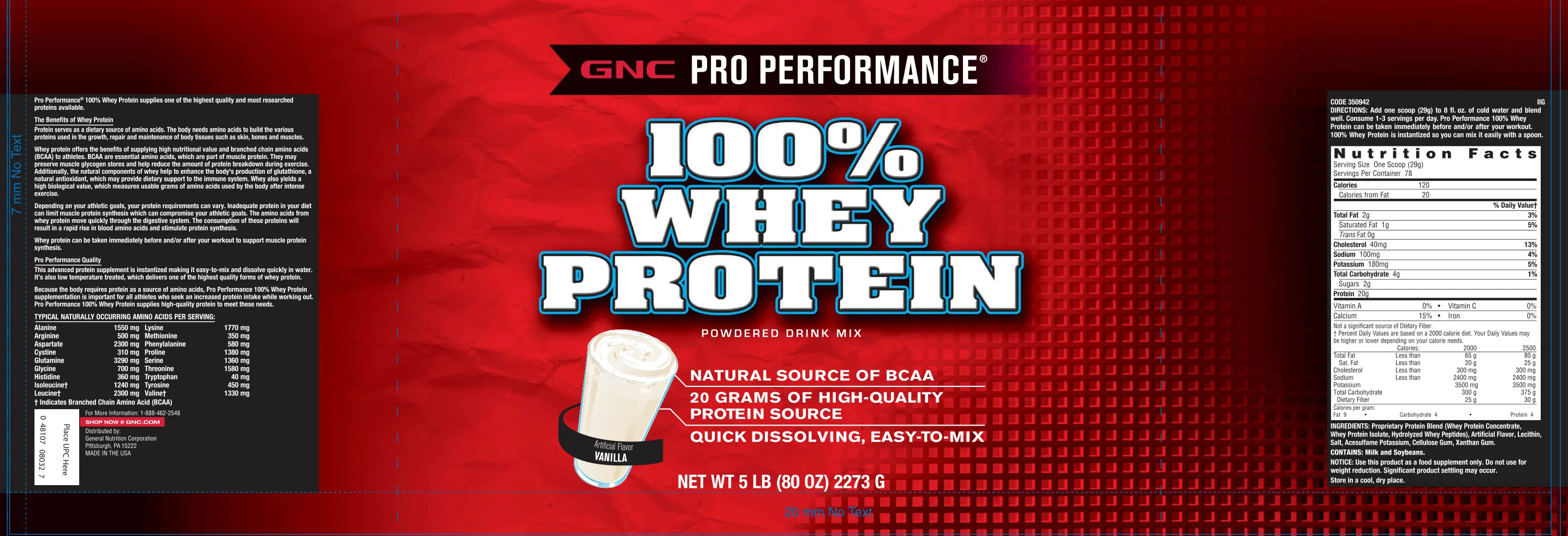 Label for 100% Whey Protein Powdered Drink Mix Vanilla