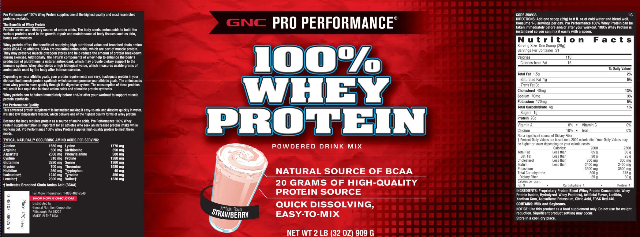 Label for 100% Whey Protein Powdered Drink Mix Strawberry