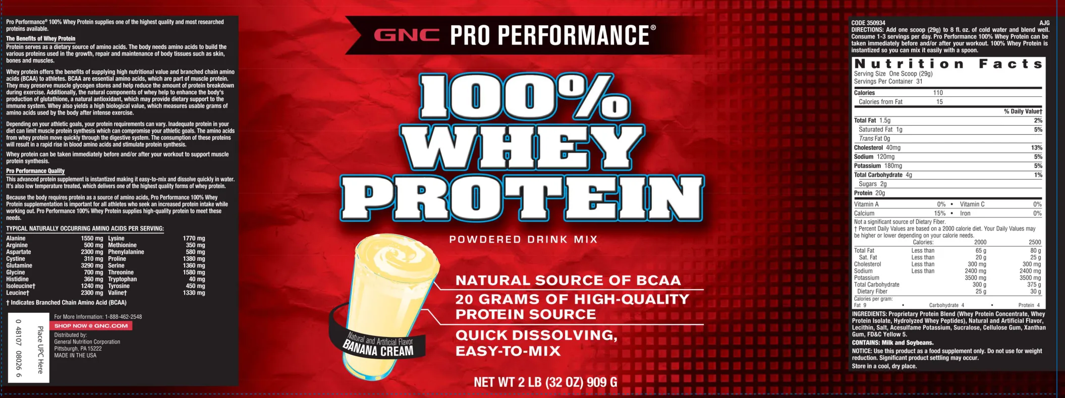 Label for 100% Whey Protein Powdered Drink Mix Banana Cream