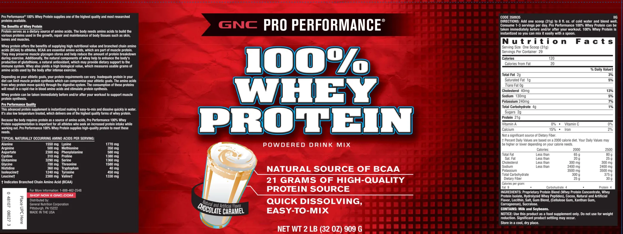 Label for 100% Whey Protein Powdered Drink Mix Chocolate Caramel