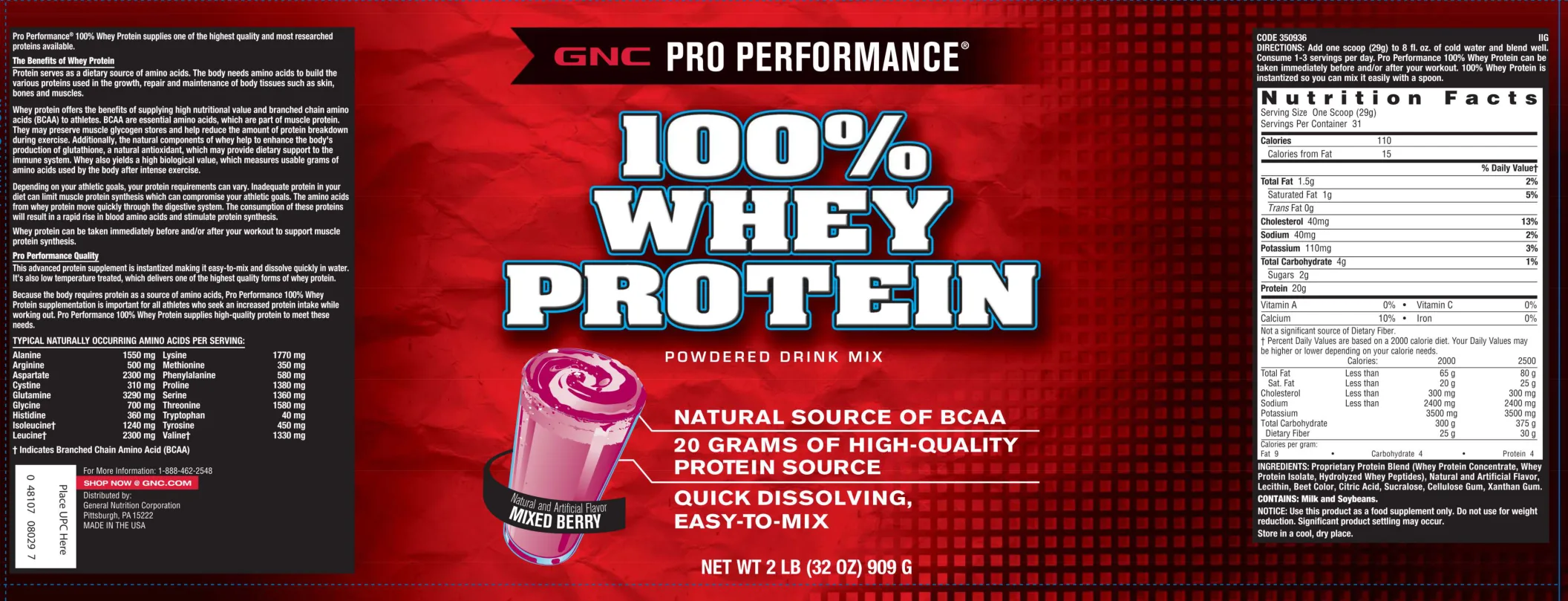 Label for 100% Whey Protein Powdered Drink Mix Mixed Berry