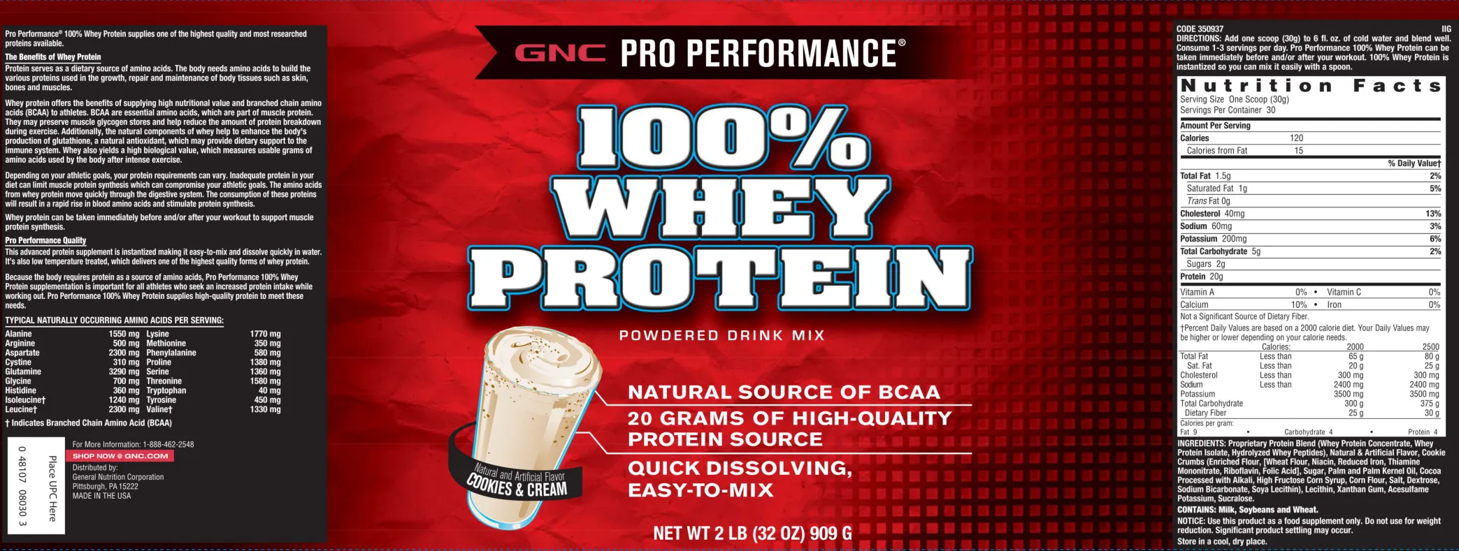 Label for 100% Whey Protein Powdered Drink Mix Cookies & Cream