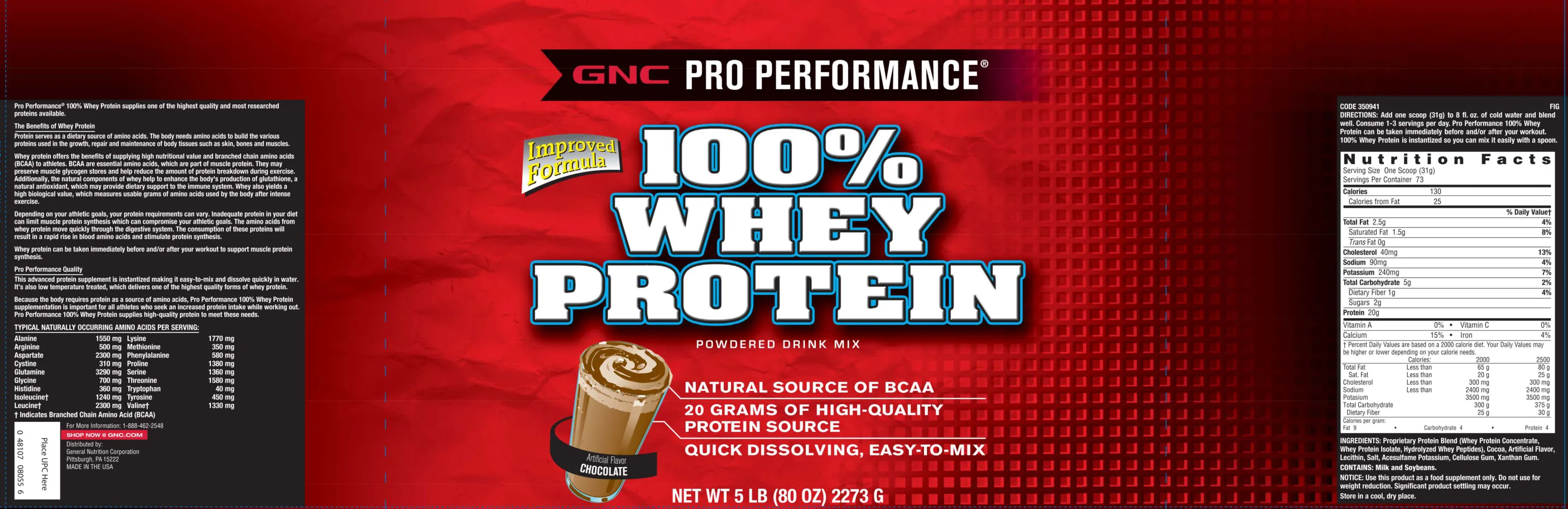 Label for 100% Whey Protein Powdered Drink Mix Chocolate
