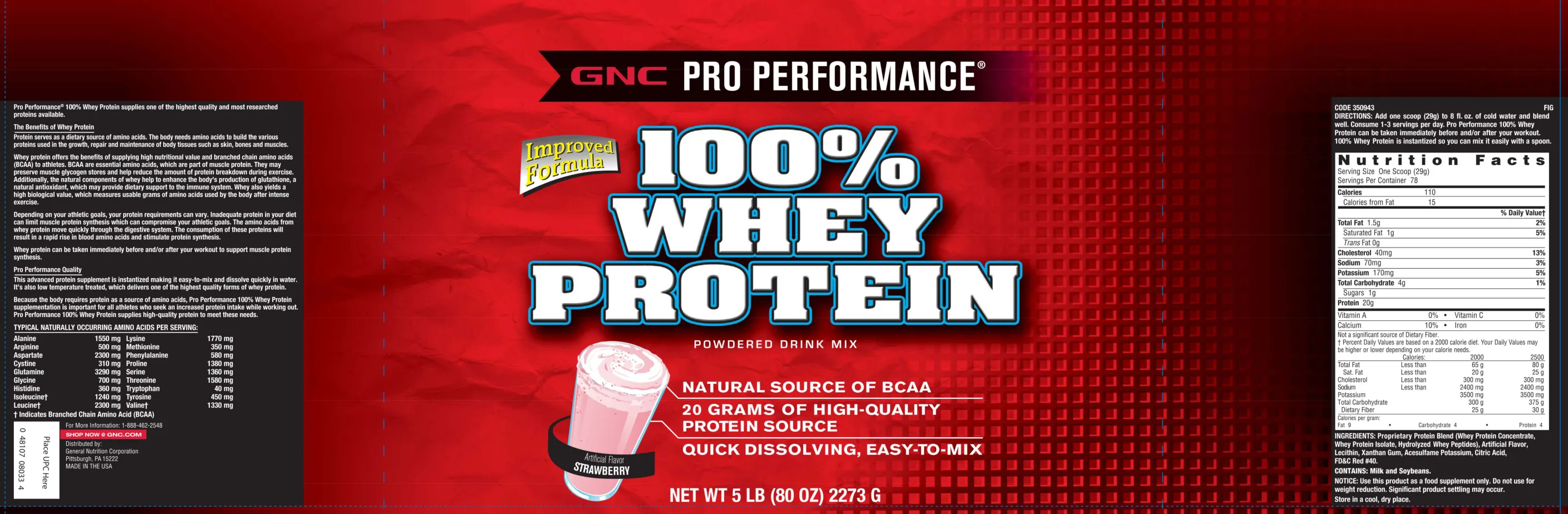 Label for 100% Whey Protein Powdered Drink Mix Strawberry