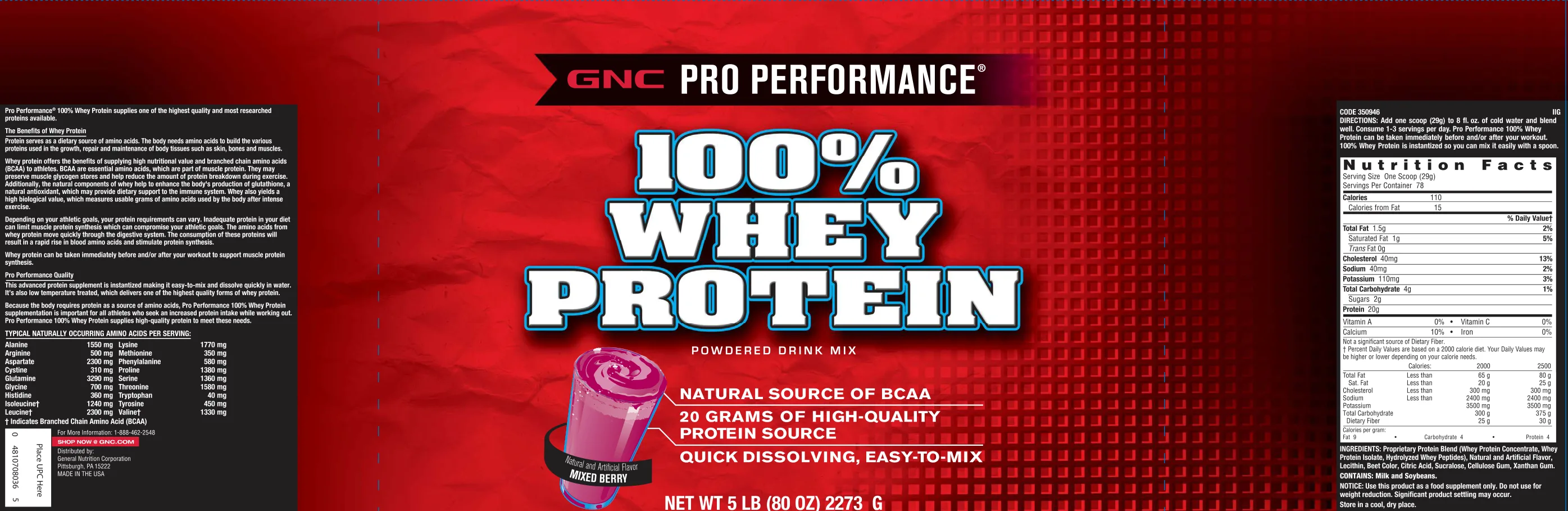 Label for 100% Whey Protein Powdered Drink Mix Mixed Berry