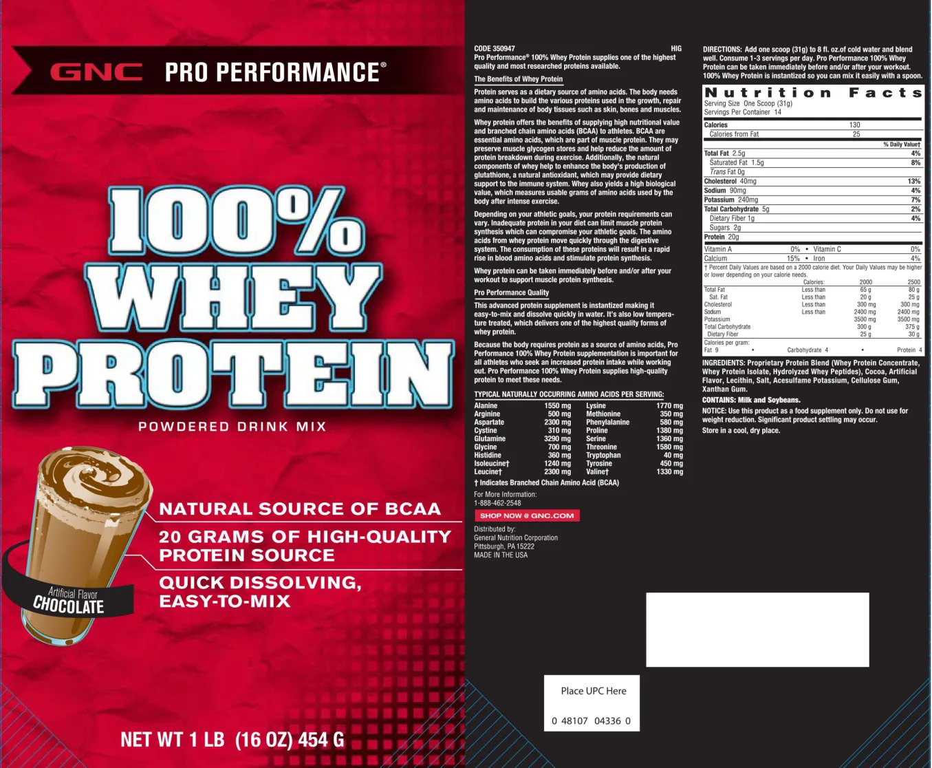 Label for 100% Whey Protein Powdered Drink Mix Chocolate