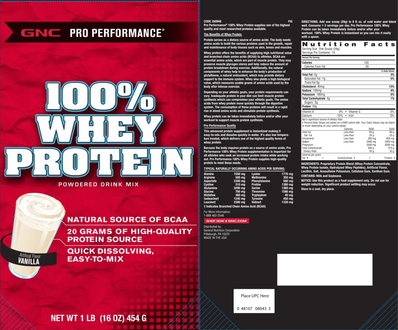 Label for 100% Whey Protein Powdered Drink Mix Vanilla