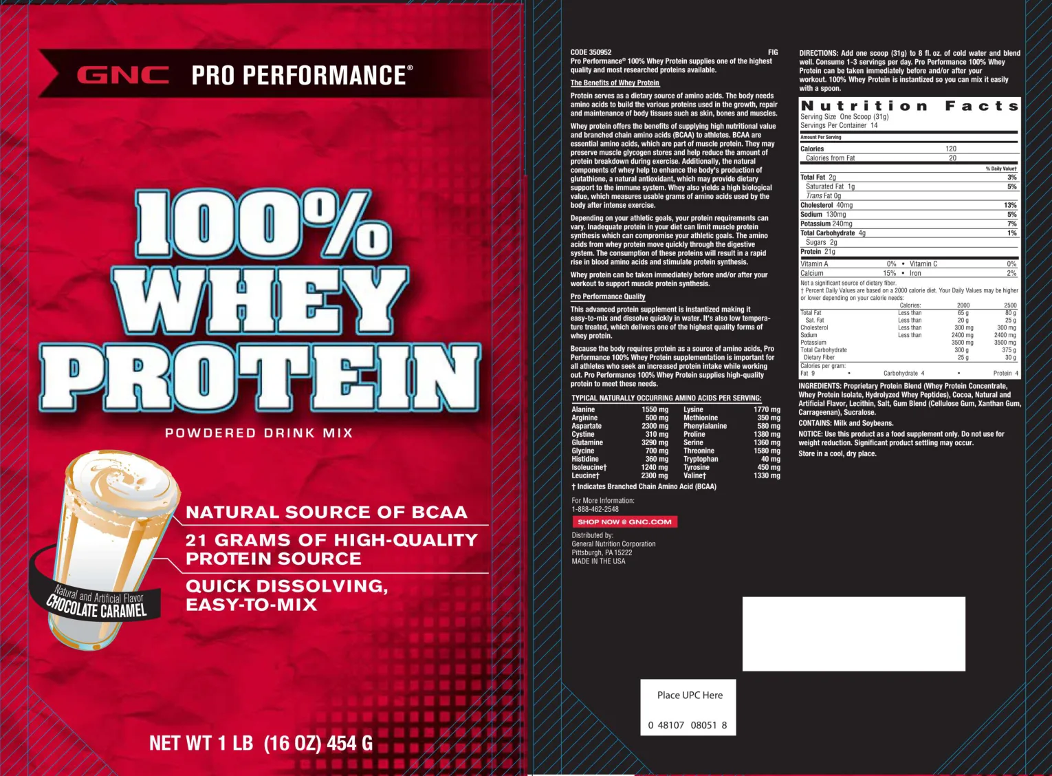 Label for 100% Whey Protein Powdered Drink Mix Chocolate Caramel
