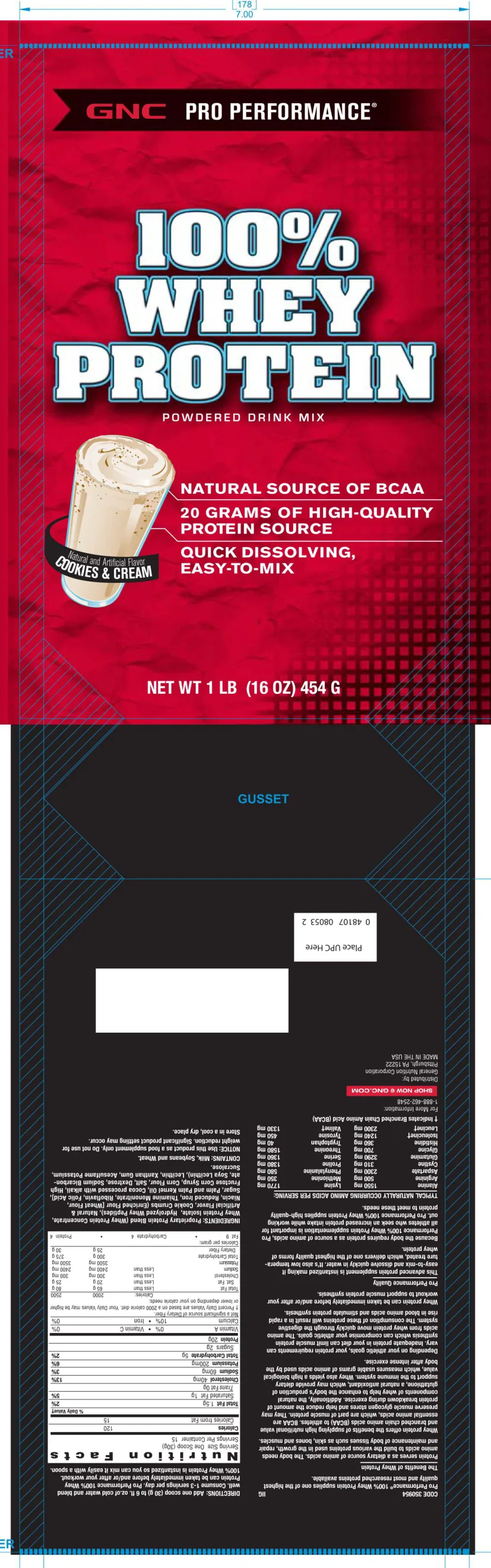 Label for 100% Whey Protein Powdered Drink Mix Cookies & Cream