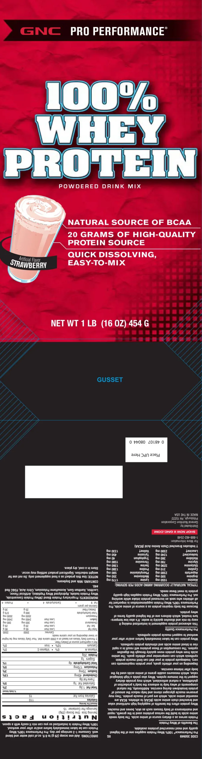 Label for 100% Whey Protein Powdered Drink Mix Strawberry