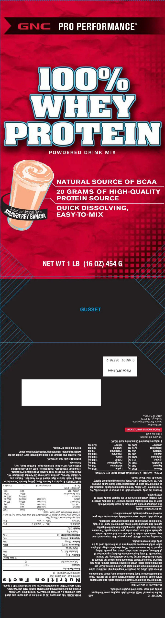 Label for 100% Whey Protein Powdered Drink Mix Strawberry Banana