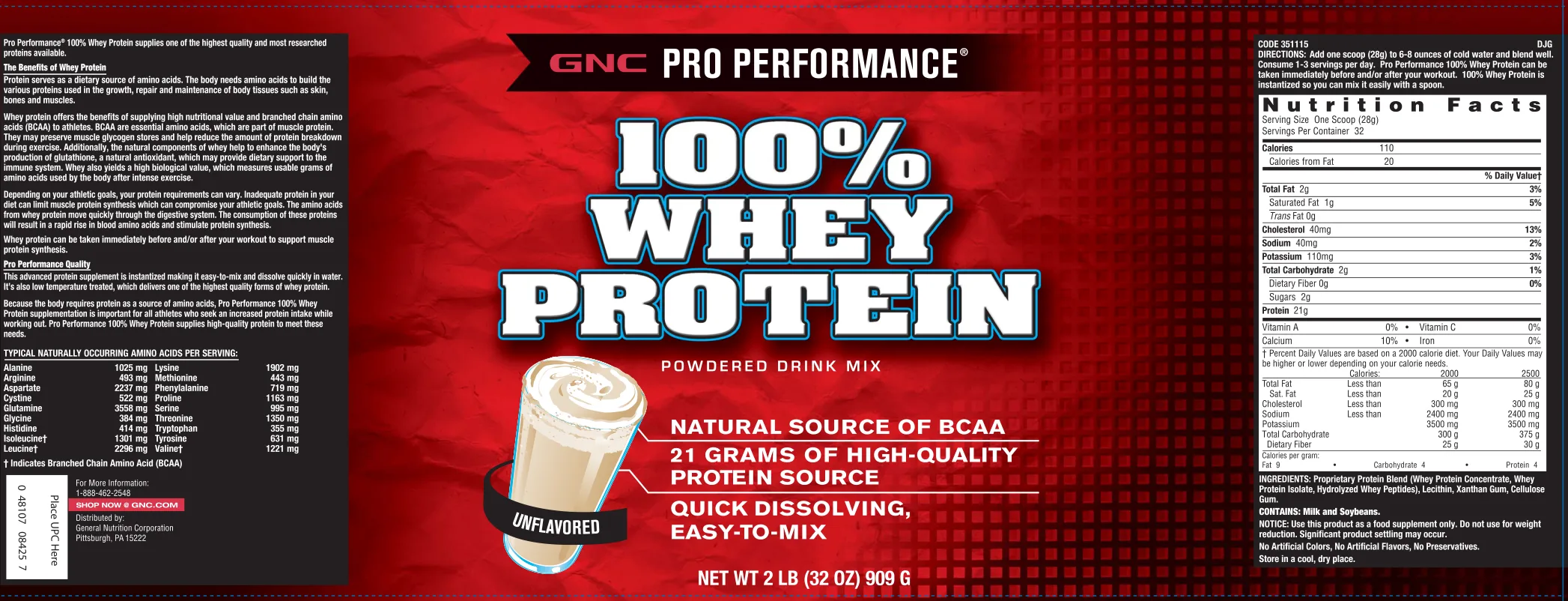 Label for 100% Whey Protein Powdered Drink Mix Unflavored
