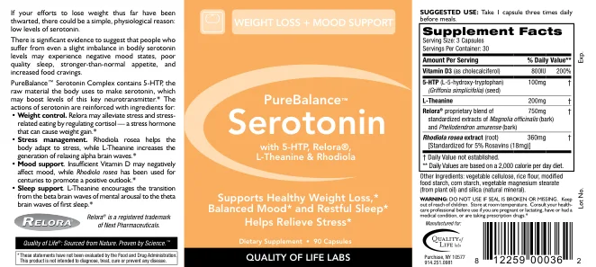 Label for PureBalance Serotonin With 5-HTP, Relora, L-Theanine & Rhodiola