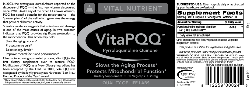 Label for VitaPQQ Pyrroloquinoline Quinone