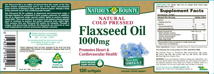 Label for Natural Cold Pressed Flaxseed Oil 1000 mg