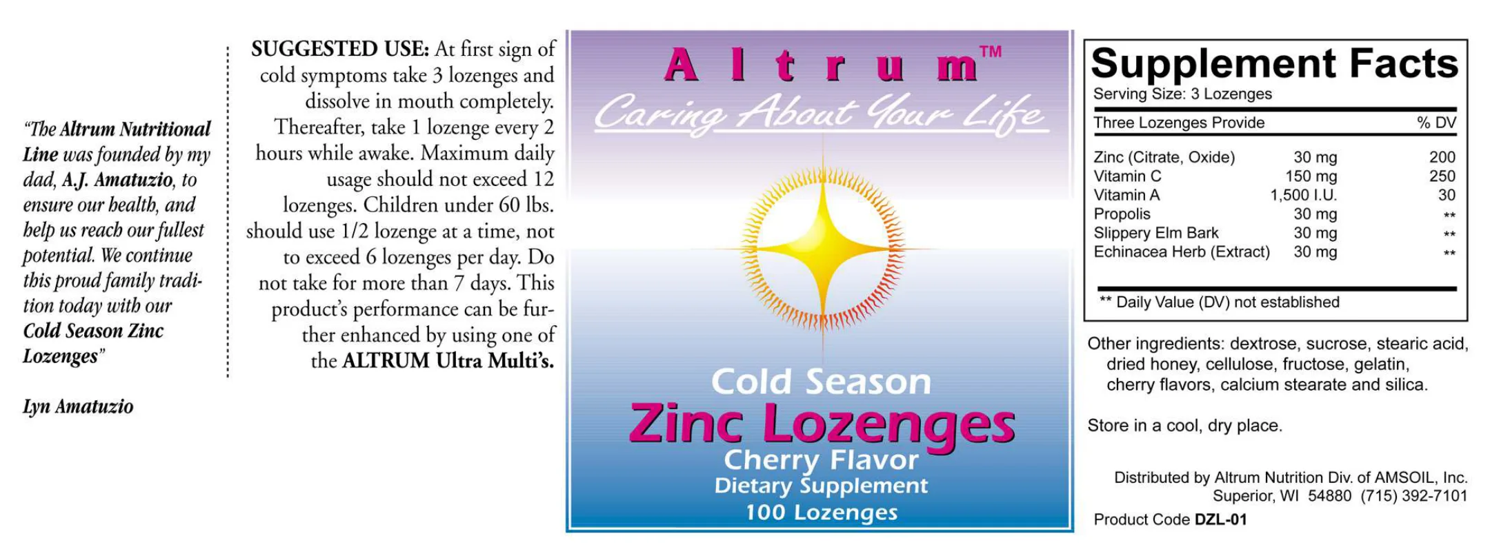 Label for Cold Season Zinc Lozenges Cherry Flavor