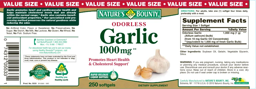 Label for Odorless Garlic 1000 mg