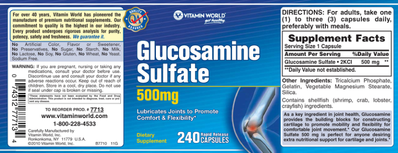 Label for Glucosamine Sulfate 500 mg