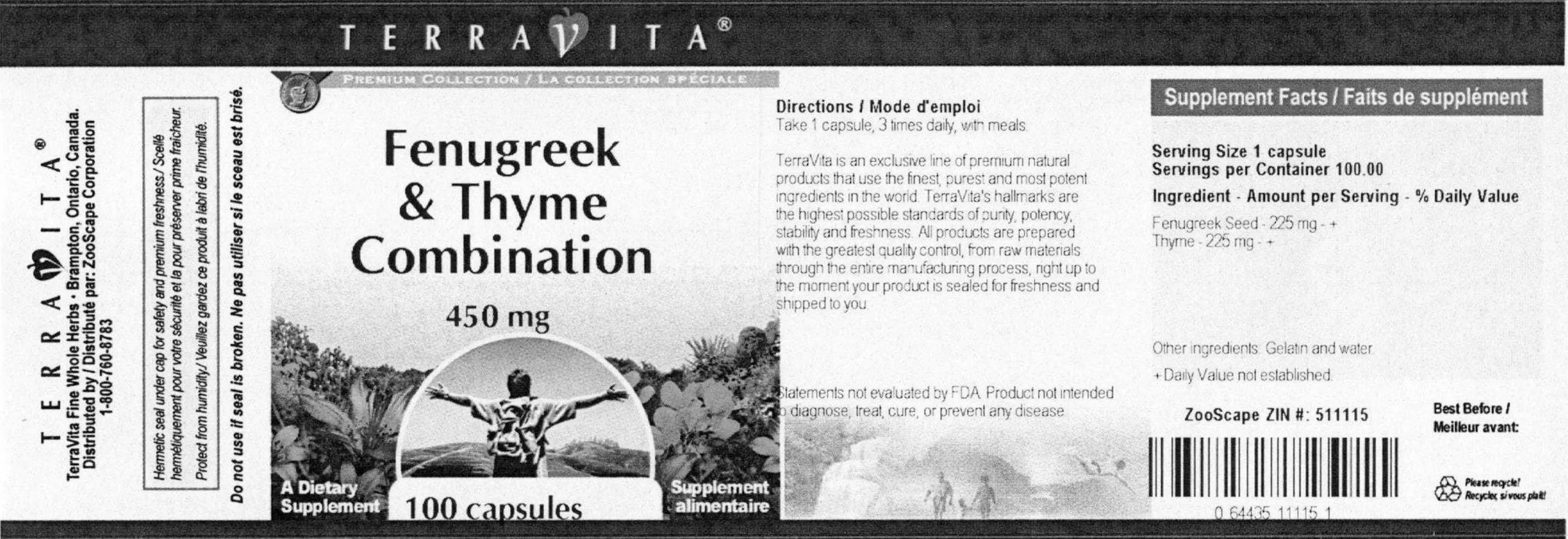 Label for Fenugreek & Thyme Combination 450 mg