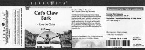 Label for Cat's Claw Bark - Una de Gato 450 mg