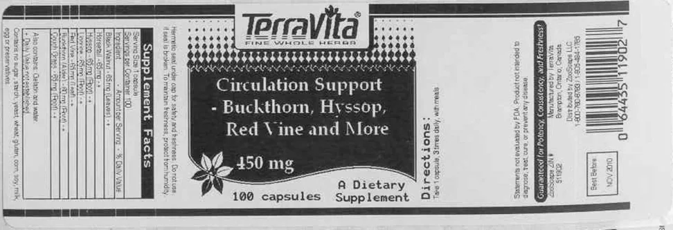 Label for Circulation Support - Buckthorn, Hyssop, Red Vine And More 450 mg