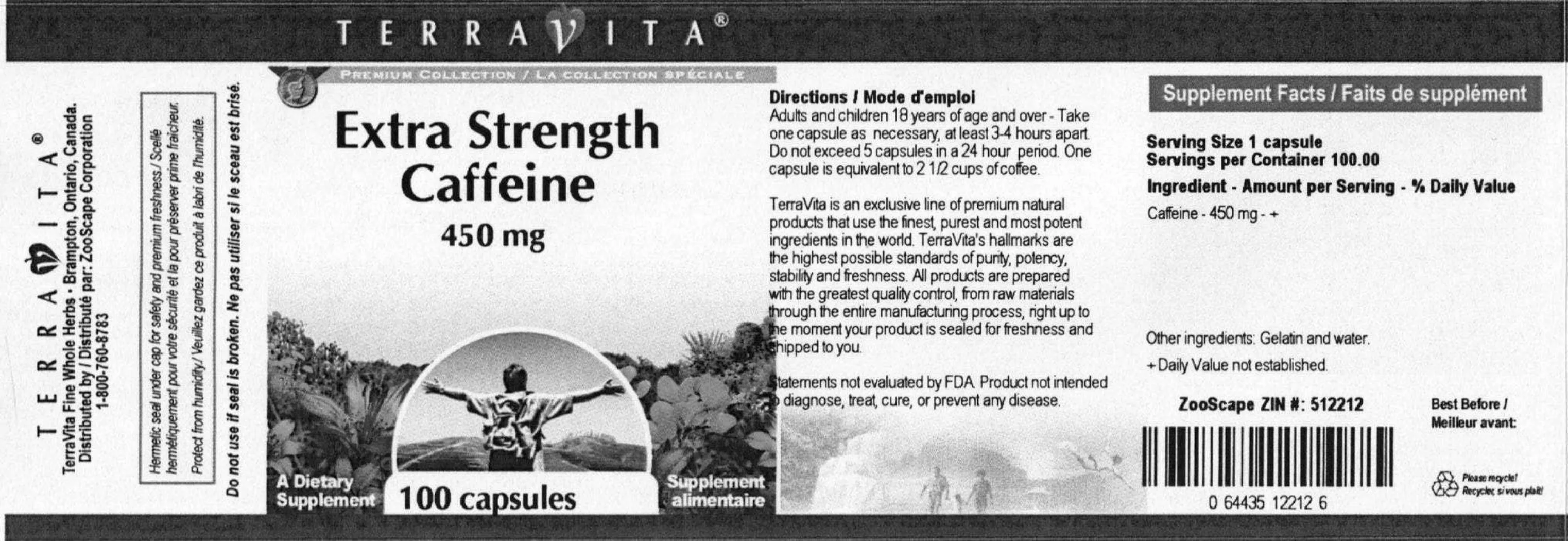Label for Extra Strength Caffeine 450 mg