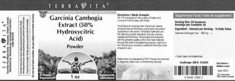 Label for Garcinia Cambogia Extract (50% Hydroxycitric Acid) Powder