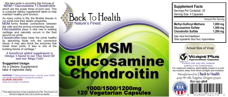 Label for MSM Glucosamine Chondroitin 1000/1500/1200 mg