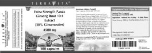 Label for Extra Strength Panax Ginseng Root 10:1 Extract (30% Ginsenosides) 4500 mg