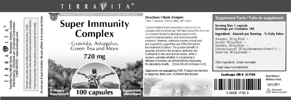 Label for Super Immunity Complex -Graviola, Astragalus, Green Tea And More 720 mg
