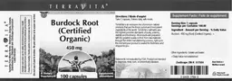 Label for Burdock Root (Certified Organic) 450 mg