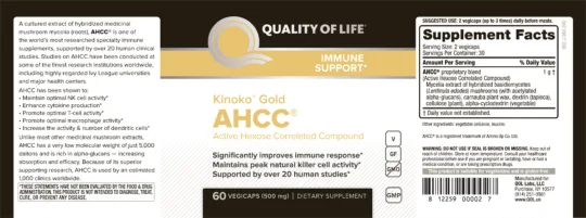 Label for Kinoko Gold AHCC 500 mg
