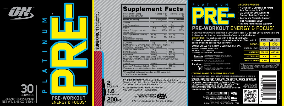 Label for Platinum Pre-Superfruit Pomegranate, Blueberry, Acai