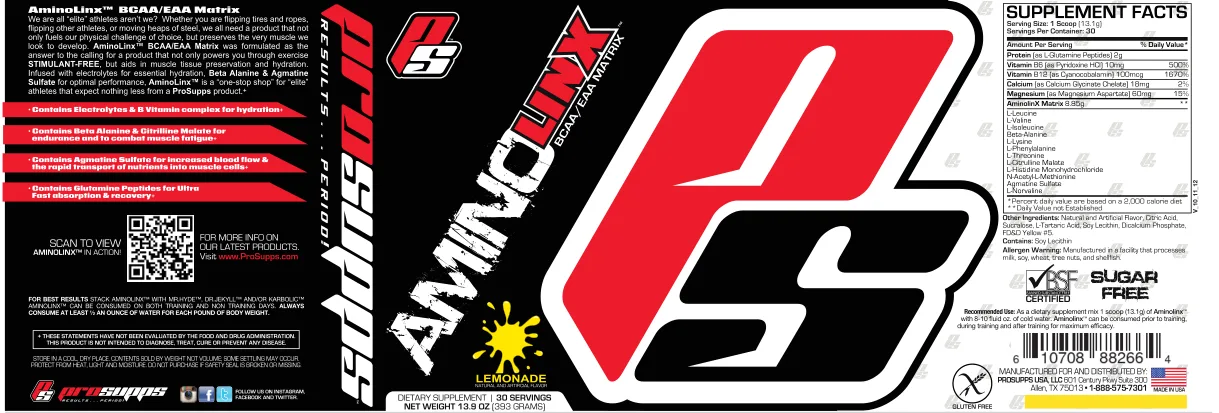 Label for Amino Linx BCAA/EAA Matrix Lemonade