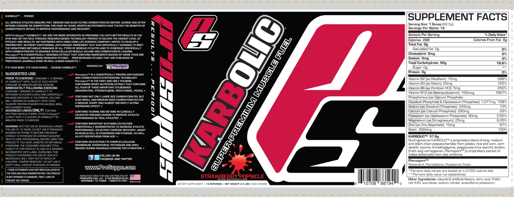 Label for Karbolic Super-Premium Muscle Fuel Strawberry Popsicle