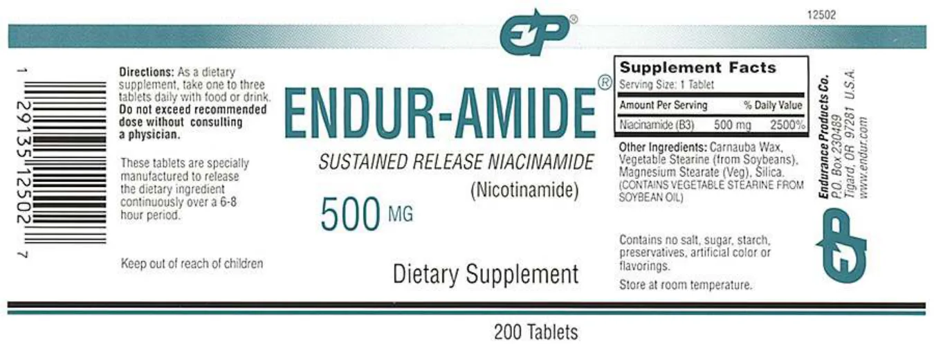 Label for Endur-Amide Sustained Release NIacinamide 500 mg