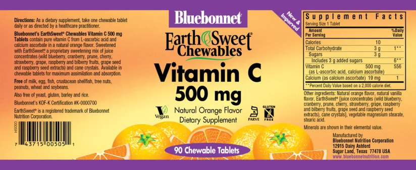 Label for Vitamin C 500 mg Natural Orange Flavor