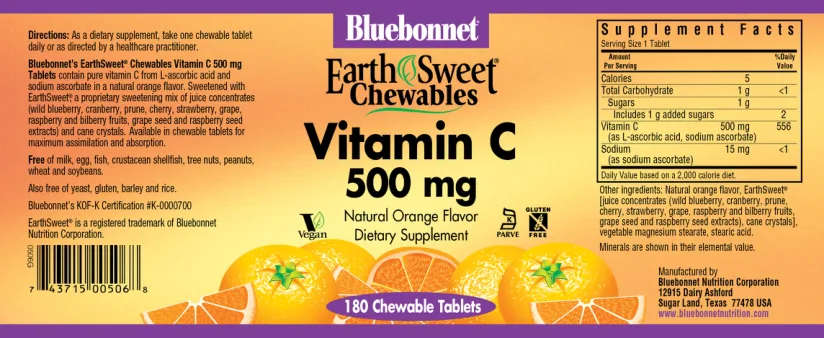Label for Vitamin C 500 mg Natural Orange Flavor