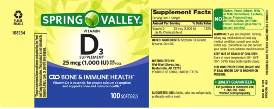Label for Vitamin D3 Supplement 25 mcg (1,000 IU)