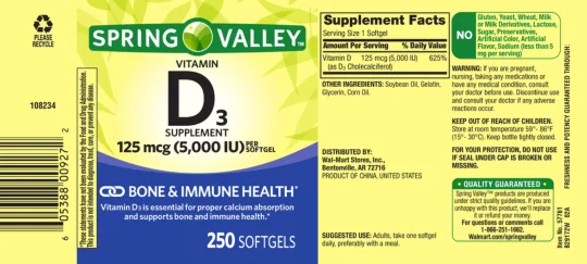 Label for Vitamin D3 Supplement 125 mcg (5,000 IU)